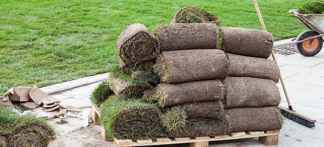 Stacked up rools of lawn turf on garden pavment.