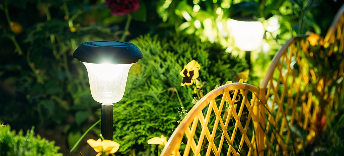 Solar powered lights in foliage behind trellis fence.